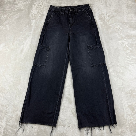 American Eagle Cargo Jeans Women 0 Black Super High Rise Baggy Wide Leg Y2K - Picture 1 of 12